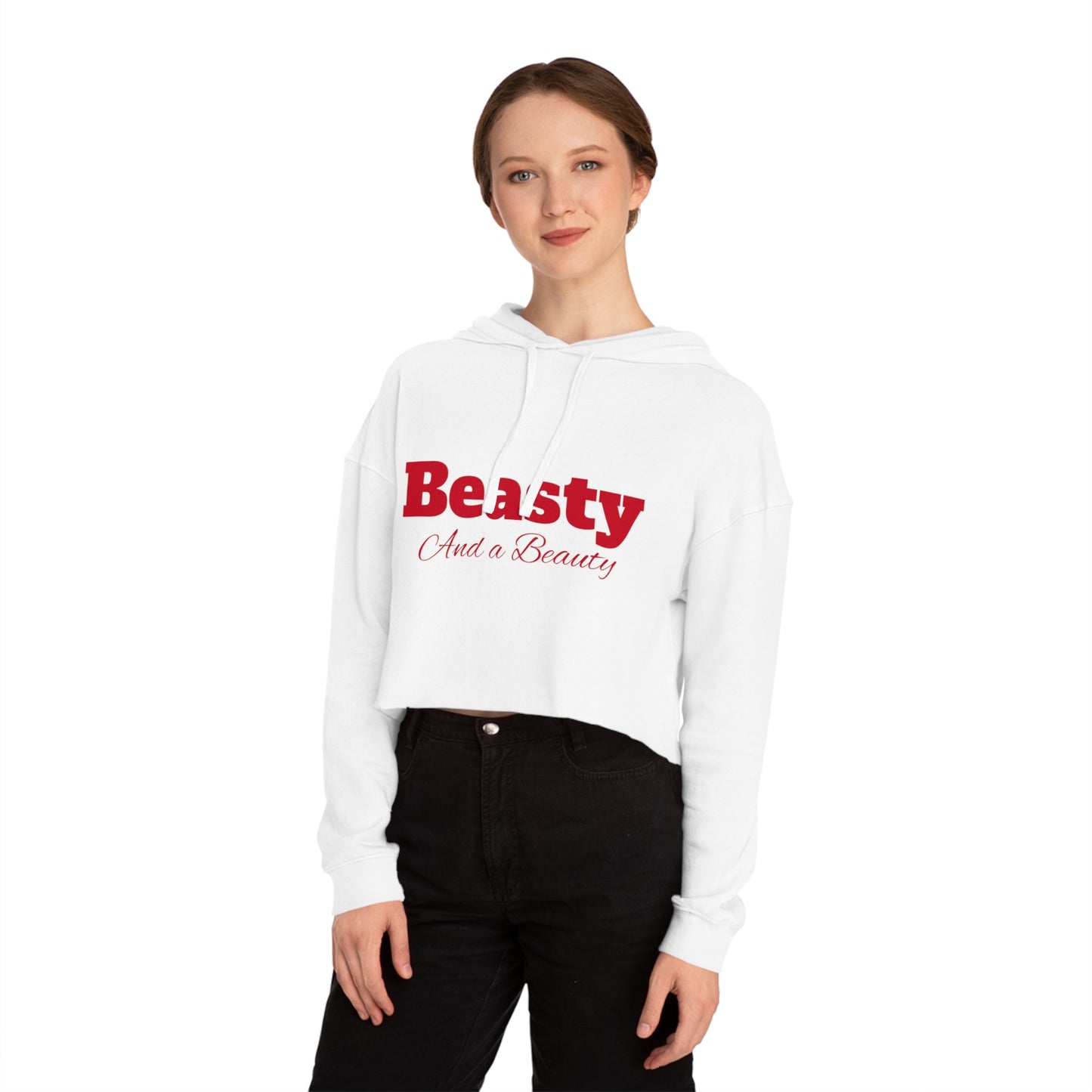 Beasty and a Beauty - Women’s Cropped Hooded Sweatshirt 100% cotton - Red text