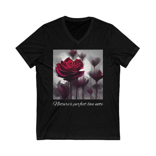 Womens Short Sleeve V-Neck Tee 100% cotton - Red Rose - Nature's perfect love note